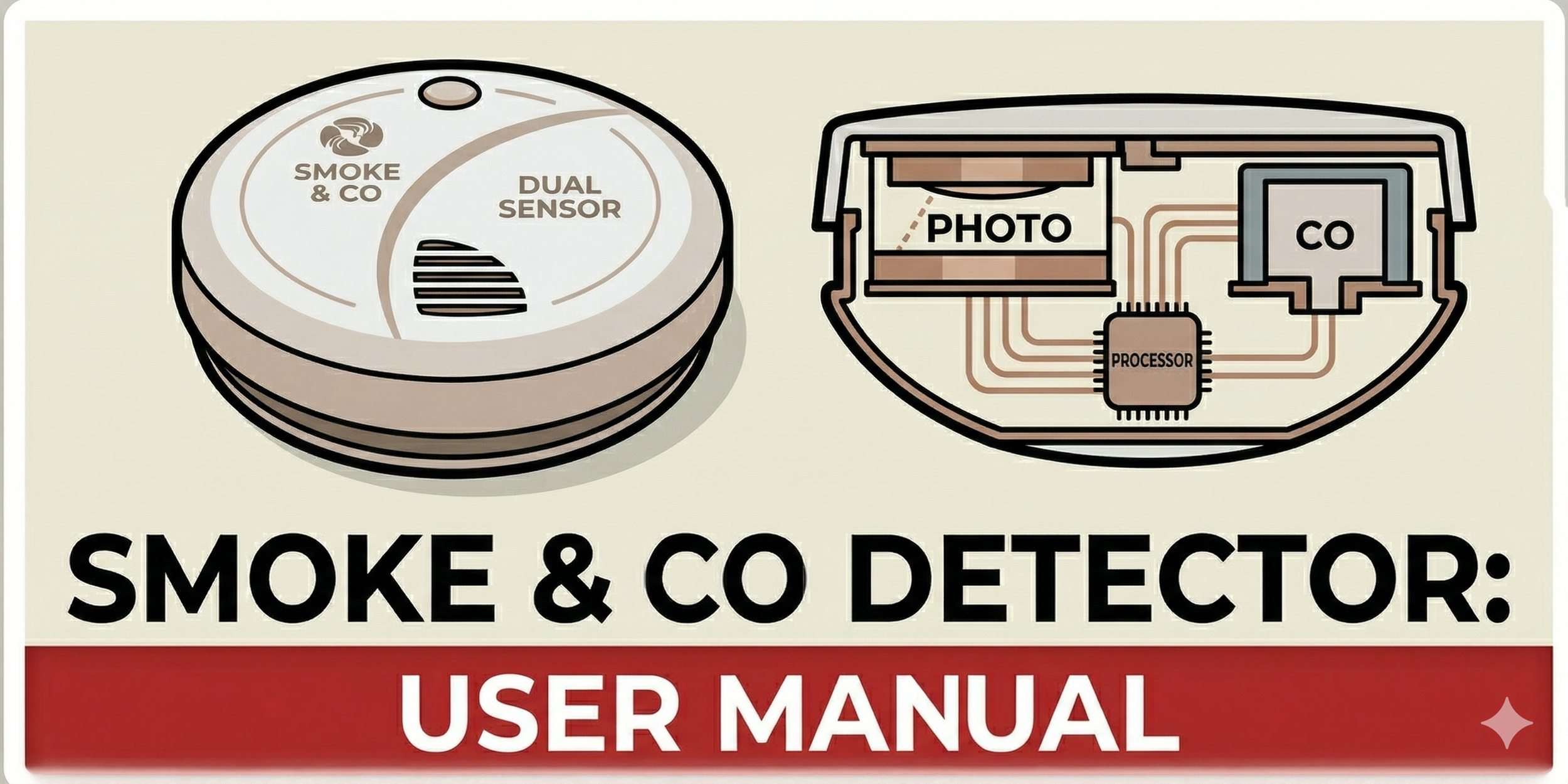 Diagram of a smoke and carbon monoxide detector showing its internal components, including the dual sensor, photo sensor, processor, and external casing.