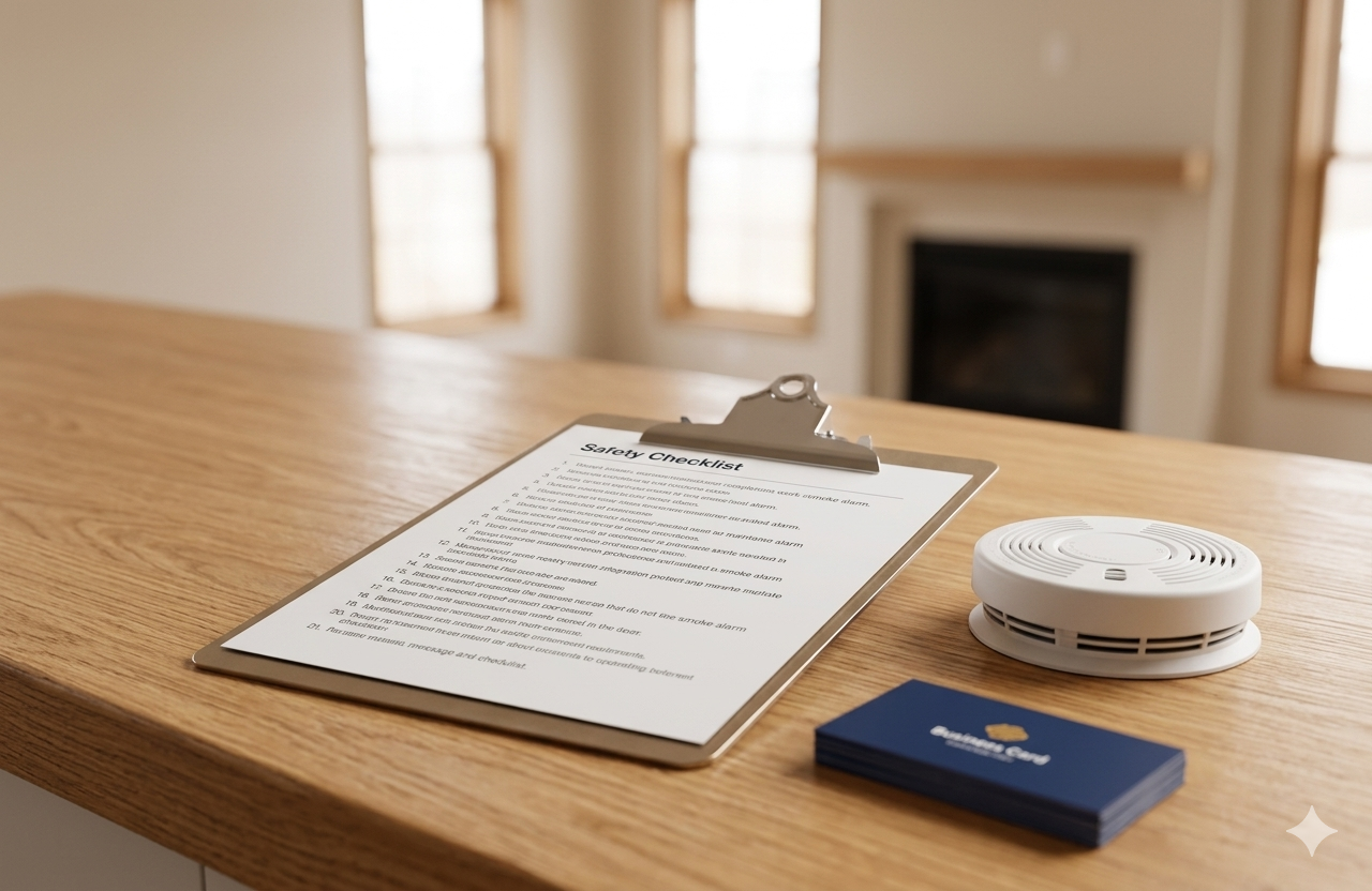 A safety checklist on a clipboard, a round smoke detector, and a deck of playing cards on a wooden table in a room with windows and a fireplace.