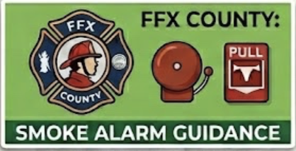 Fresno Fire Department smoke alarm guidance sign with fire department badge, smoke detector, and pull station images.