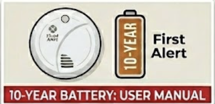 Smoke detector and a 10-year battery with a label that reads 'First Alert 10-Year Battery: User Manual'