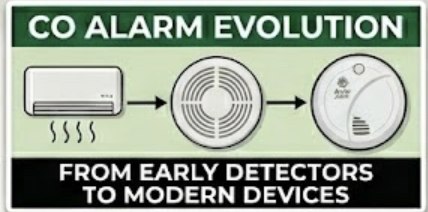Diagram showing the evolution of CO alarms from early detectors to modern devices, with images of an early detector, a middle detector, and a modern modern device, captioned 'CO ALARM EVOLUTION FROM EARLY DETECTORS TO MODERN DEVICES'.