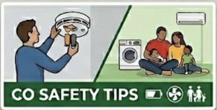 Illustration showing home safety tips: a person testing a smoke detector and a family sitting on the floor with a cat near appliances, emphasizing safety awareness.