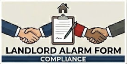 Illustration of two hands shaking, a clipboard with a pen, a house icon above, and text reading 'Landlord Alarm Form Compliance'.