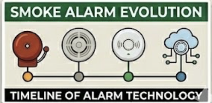 Illustration showing the evolution of smoke alarm technology from a traditional fire alarm to modern smart smoke detectors, titled 'Smoke Alarm Evolution' with a timeline labeled 'Timeline of Alarm Technology'.