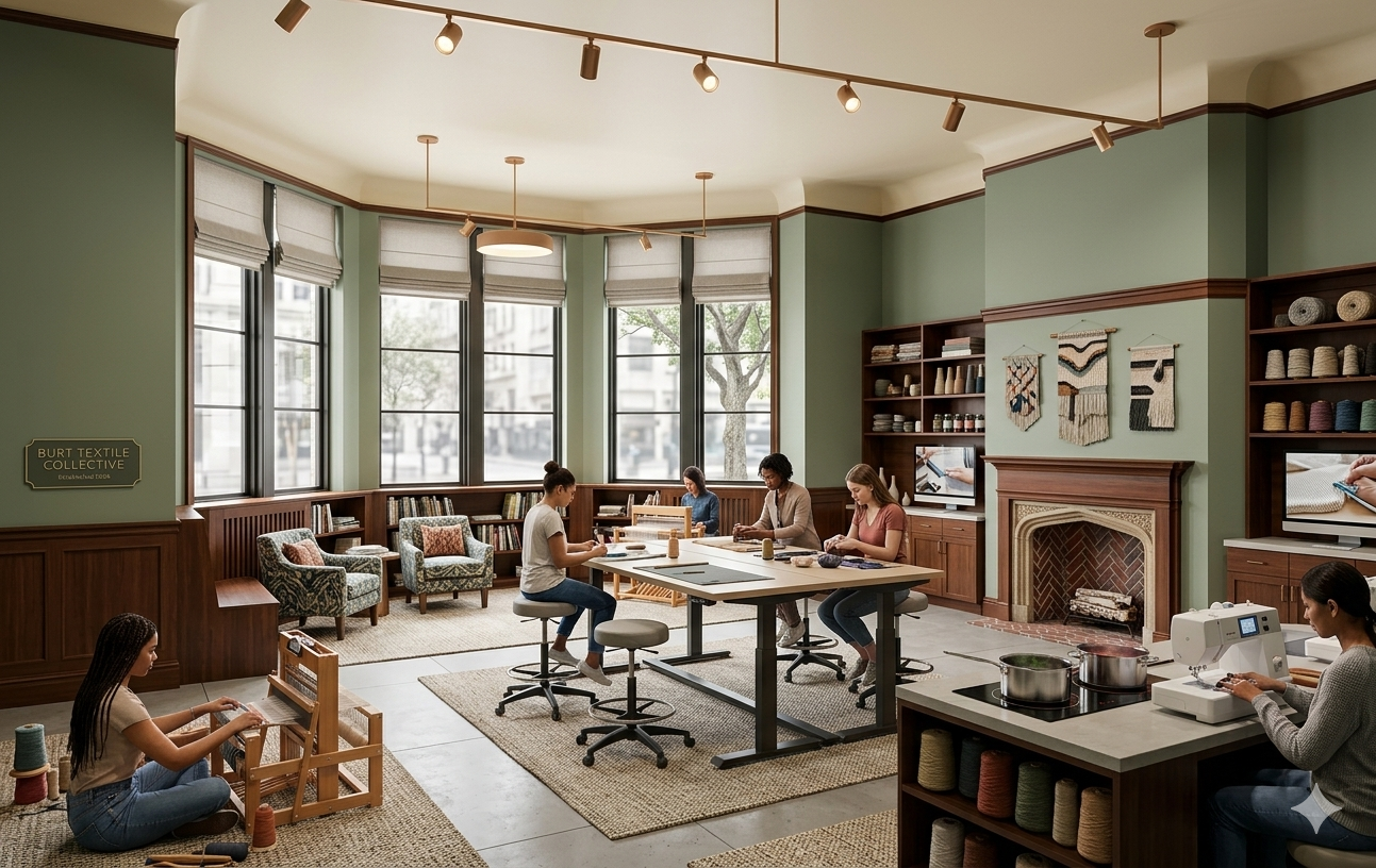 People participating in a weaving class in a spacious, well-lit room with large windows, green walls, and wooden accents, including a fireplace and shelves with yarn. Some are working on weaving looms, while others are knitting or working on a sewing machine.