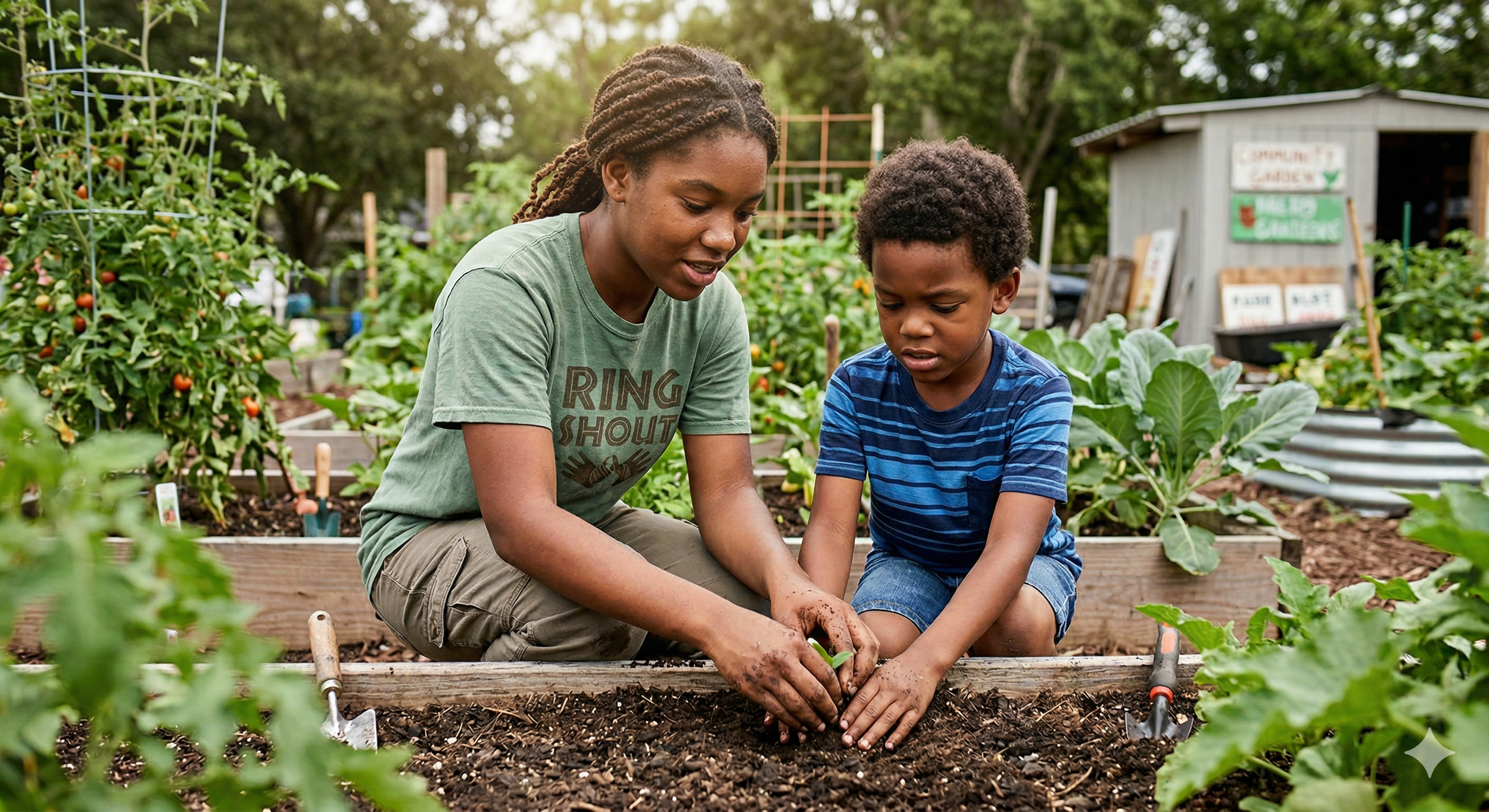 A woman and a young boy planting a seed in a garden bed.