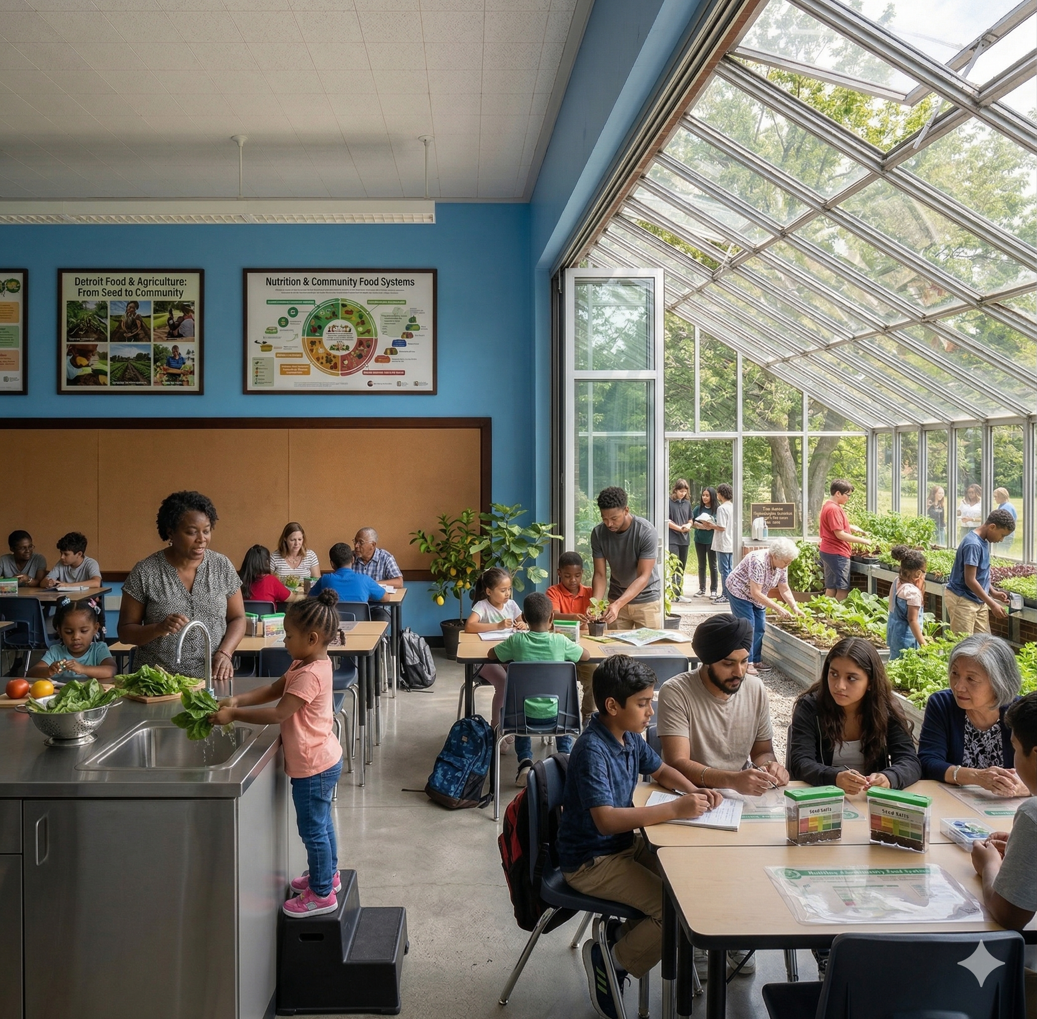 A classroom with students and adults engaged in indoor and outdoor learning activities related to gardening and food systems, with large windows revealing a garden outside.