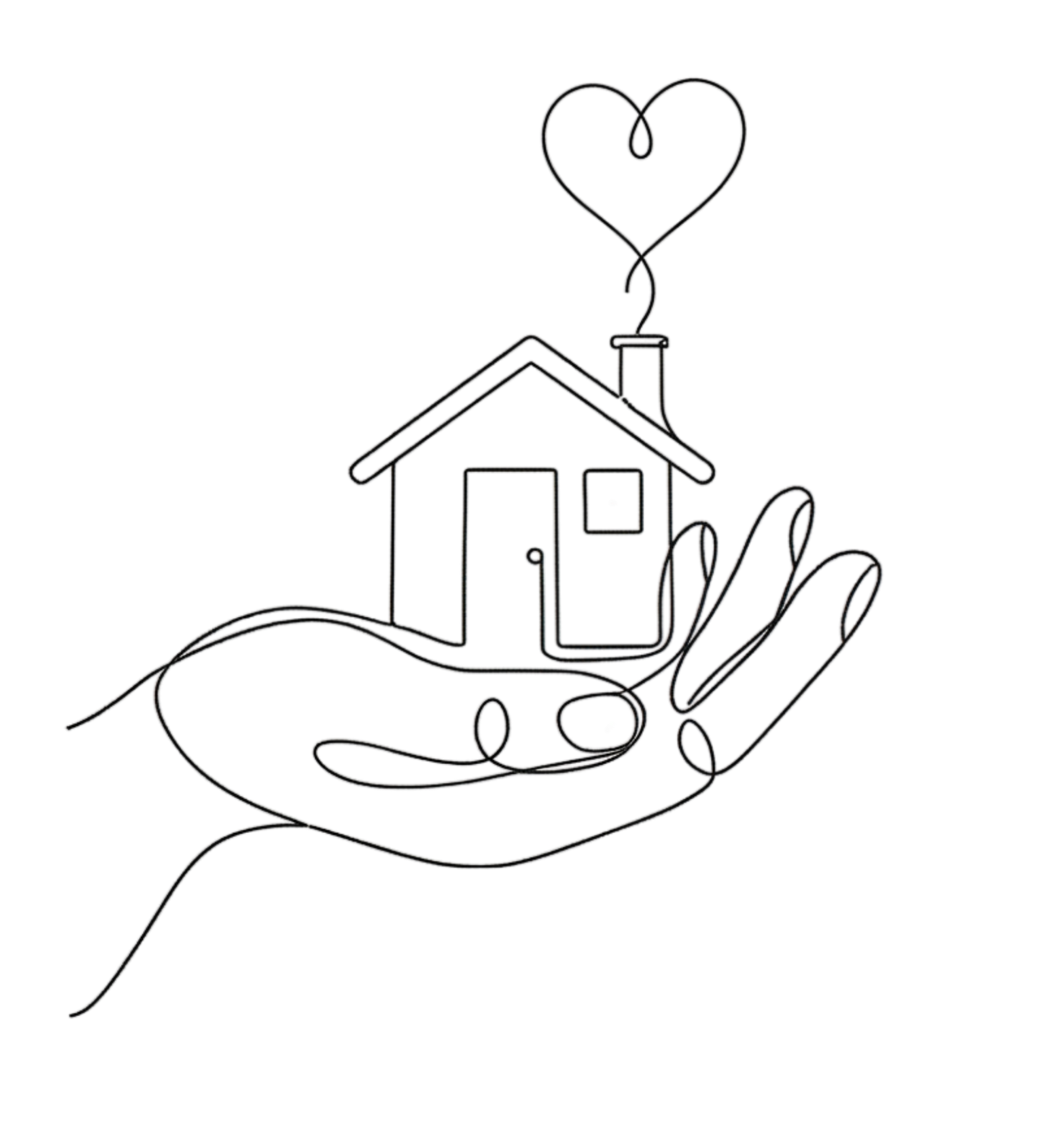 A hand holding a small house with a heart-shaped chimney emitting a smoke heart, symbolizing care or love for homes.