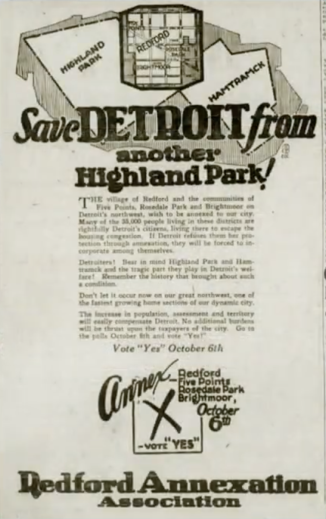 Historical flyer promoting saving Detroit from the suburban Highland Park, featuring a map of Highland Park, Redford, and Mack, voting instructions for October 6th, and the Bedford Amexation Association logo.