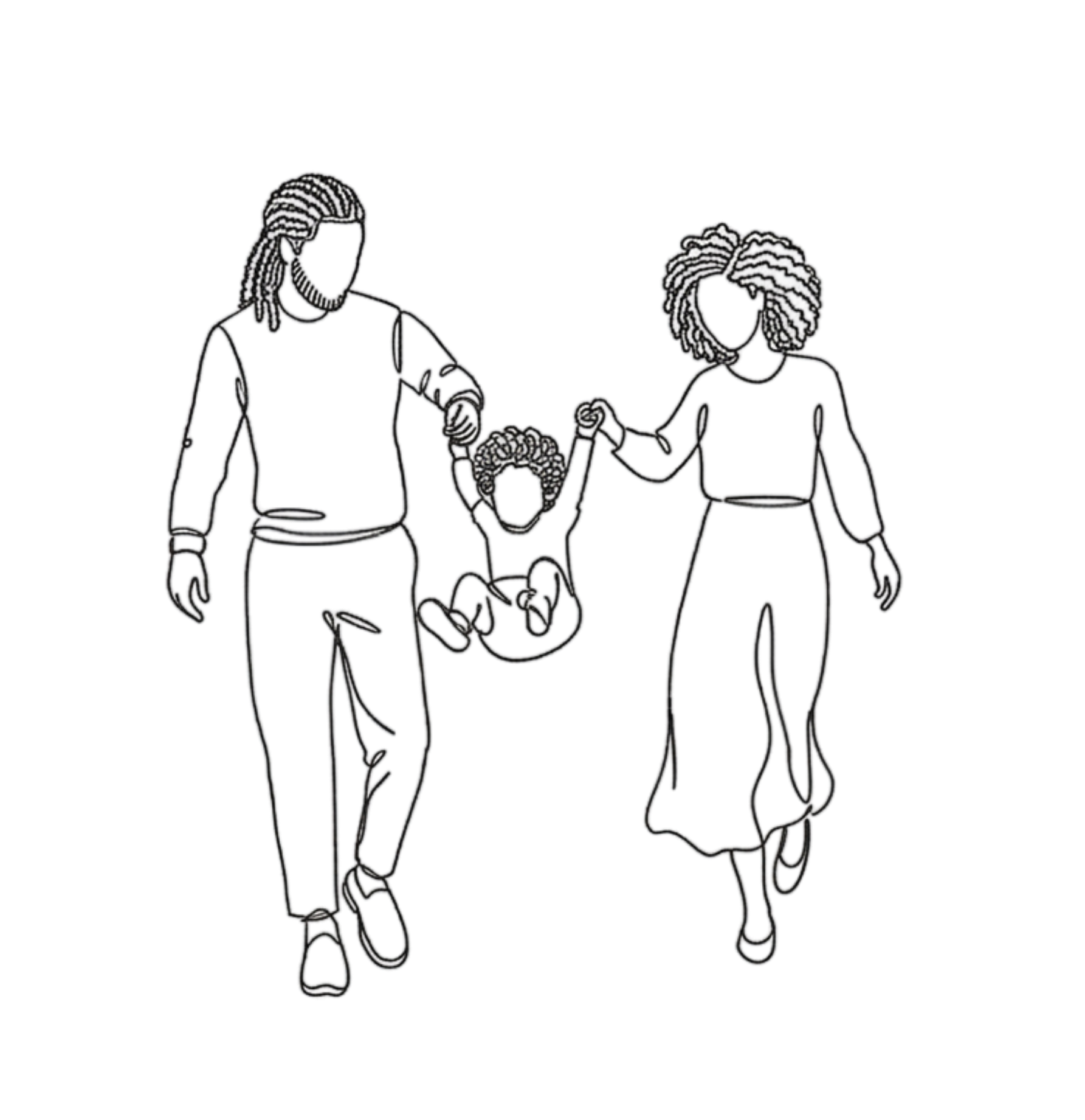 Three people, two adults and one child, walking together. The child is in a stroller being pushed by one adult, while the other adult holds a hand of the child.