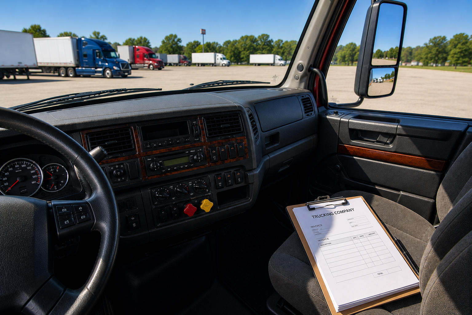 Organized semi truck cab with clipboard and paperwork bookkeeping north carolina