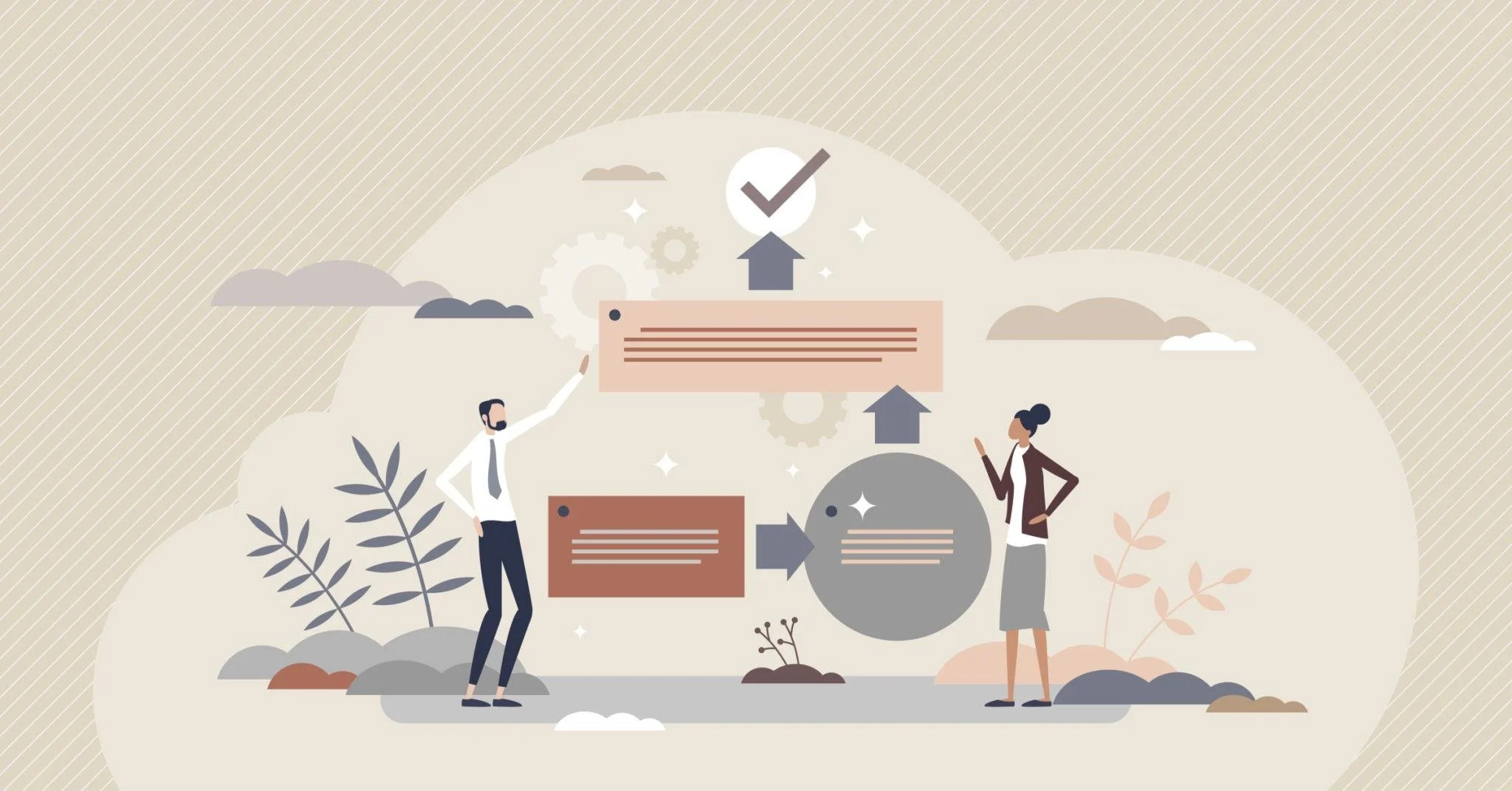 Illustration of two people discussing a flowchart with arrows connecting various text boxes and icons, set outdoors with clouds, plants, and gears in the background.