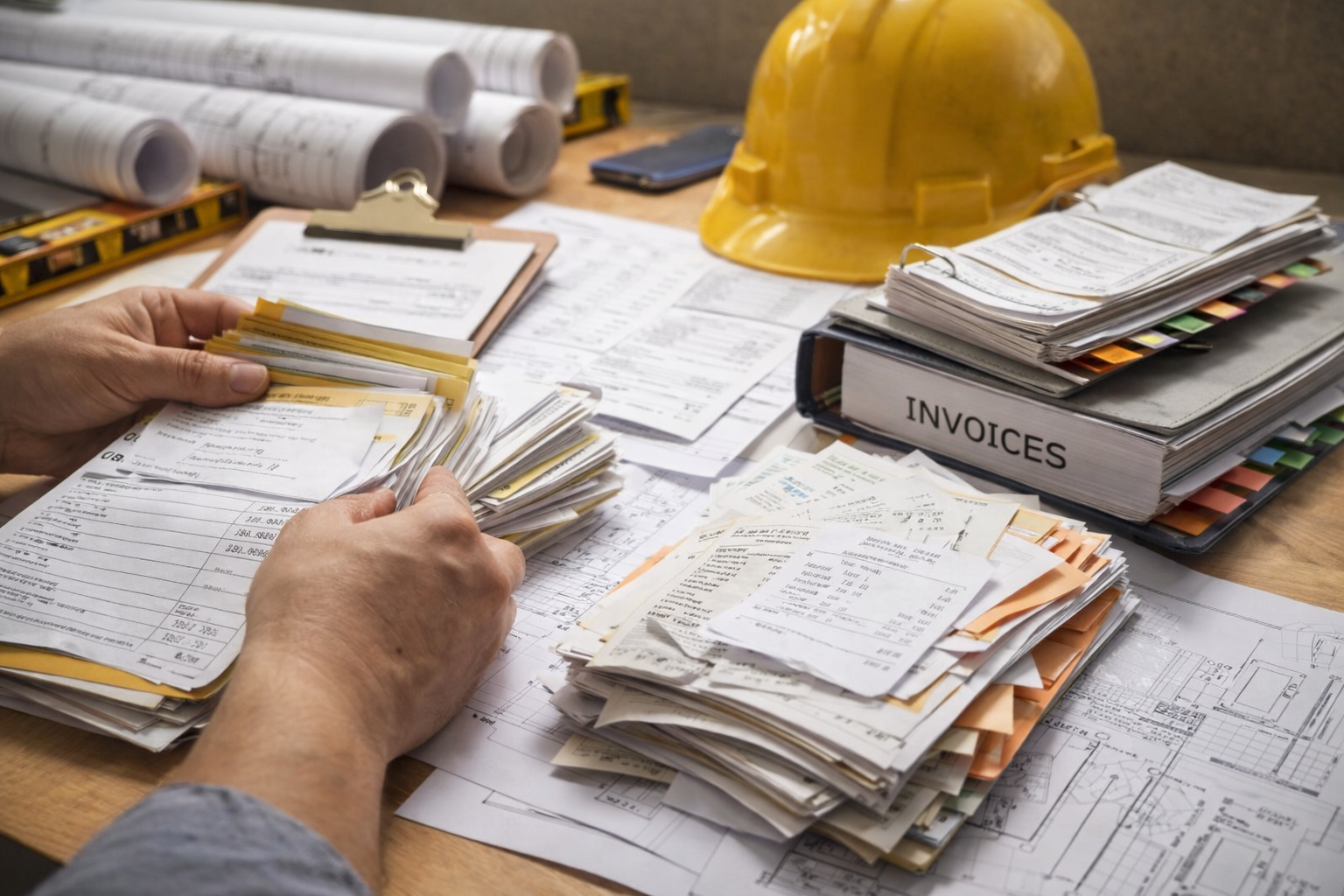 Construction invoices and receipts being sorted and organized on a job site desk to clean up and catch up bookkeeping records in North Carolina