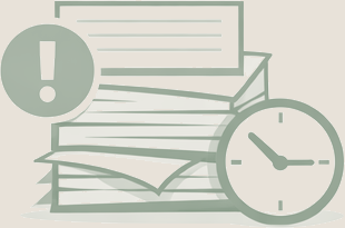 Pile of paperwork with a small clock and exclamation mark showing how local business owners fall behind on bookkeeping and need help in Mooresville, Statesville, or Troutman, NC.