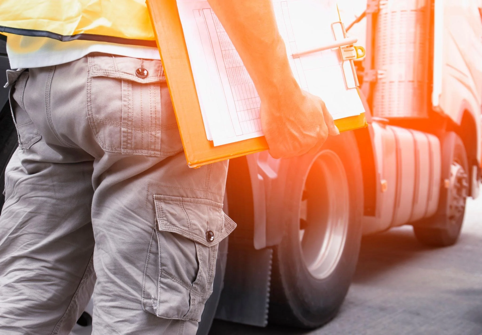 Dump truck owner reviewing clipboard organized bookkeeping north carolina
