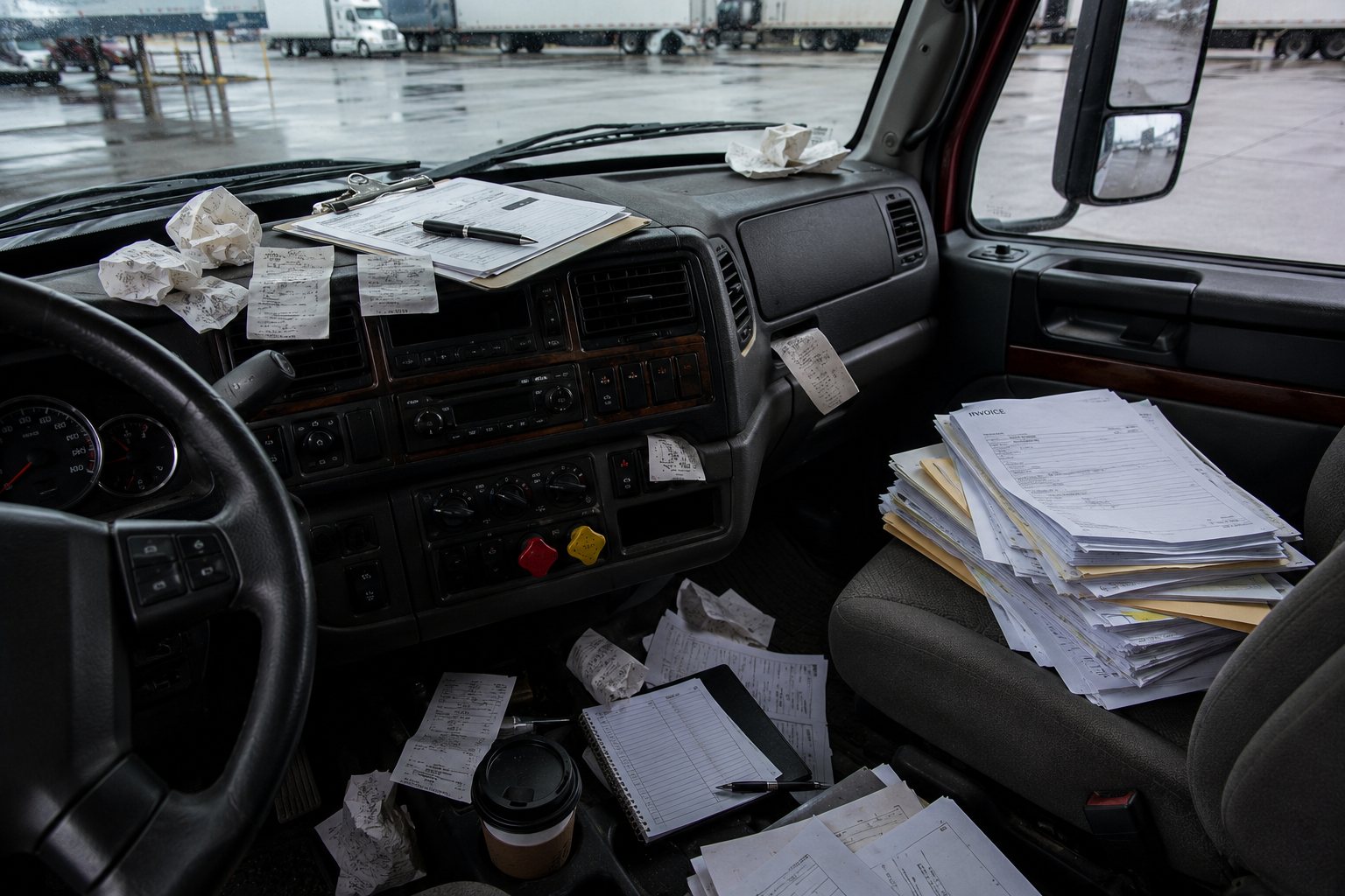 Disorganized trucking receipts and paperwork inside truck cab north carolina