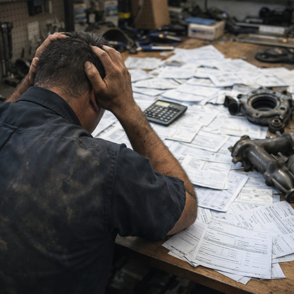 Auto technician overwhelmed by paperwork and receipts at a messy shop workbench overwhelmed in Mooresville NC