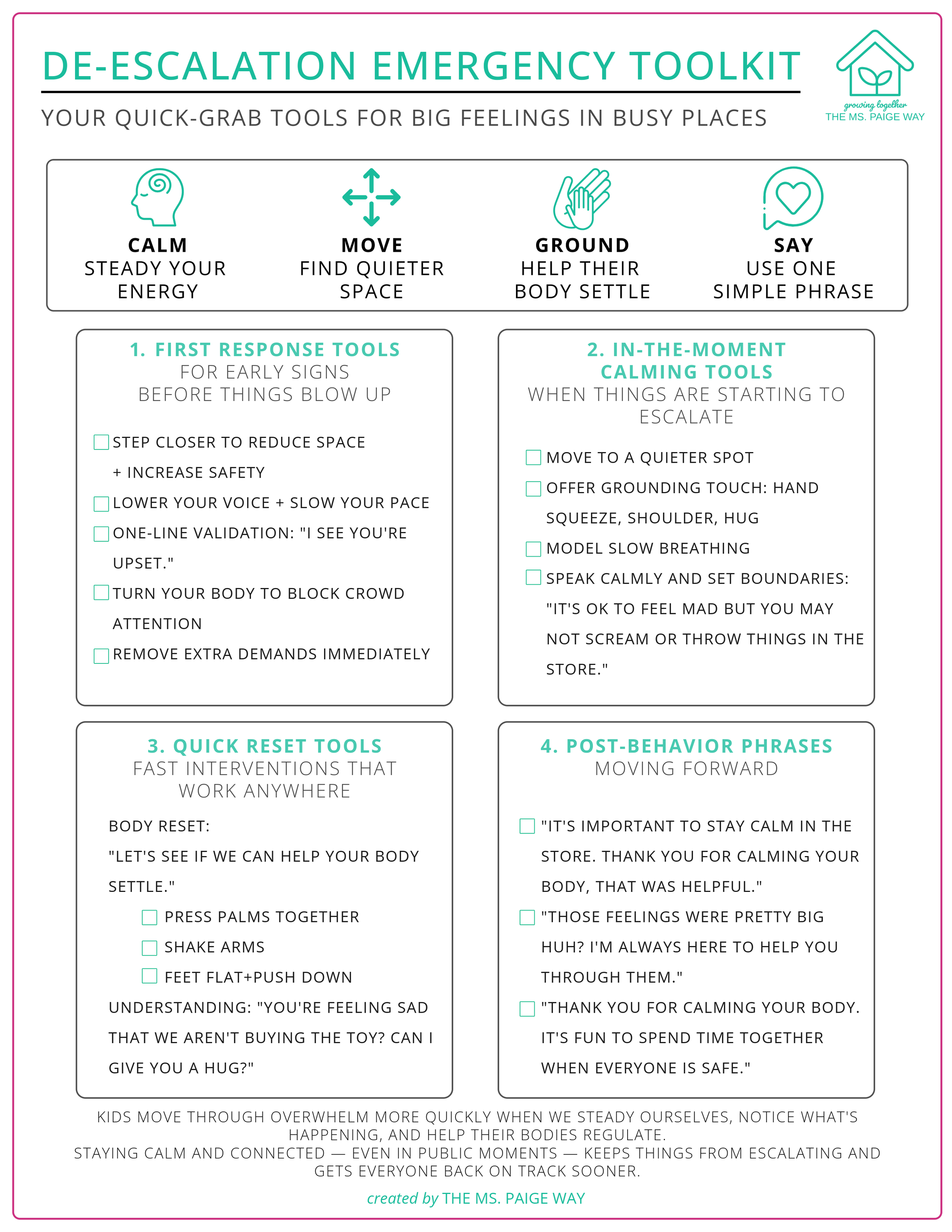 De-escalation emergency toolkit printable for parents with step-by-step strategies to help children regulate big emotions in public settings