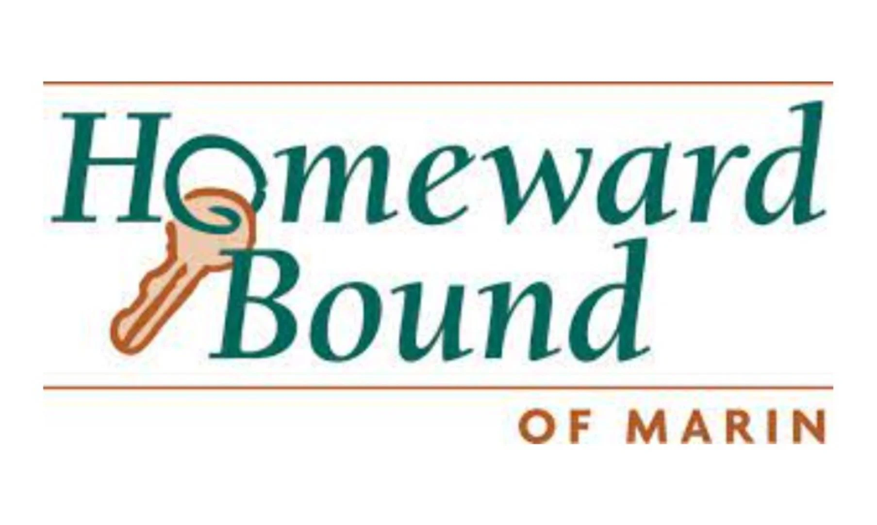 Logo with the words 'Homeward Bound of Marin' and an illustration of a hand holding a key.