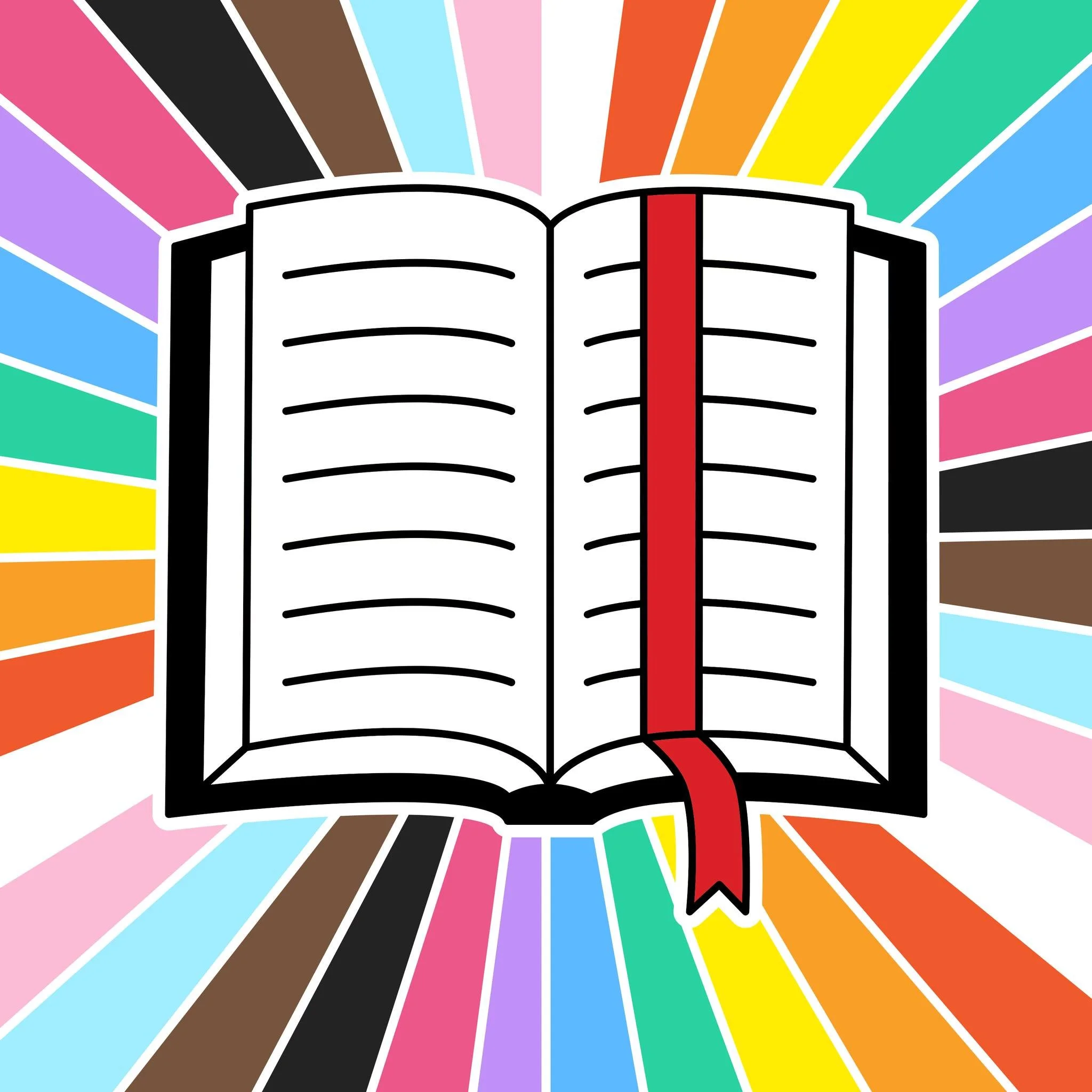 An illustration of a book with rainbow-colored pages, and a red bookmark ribbon, set against a colorful burst background.