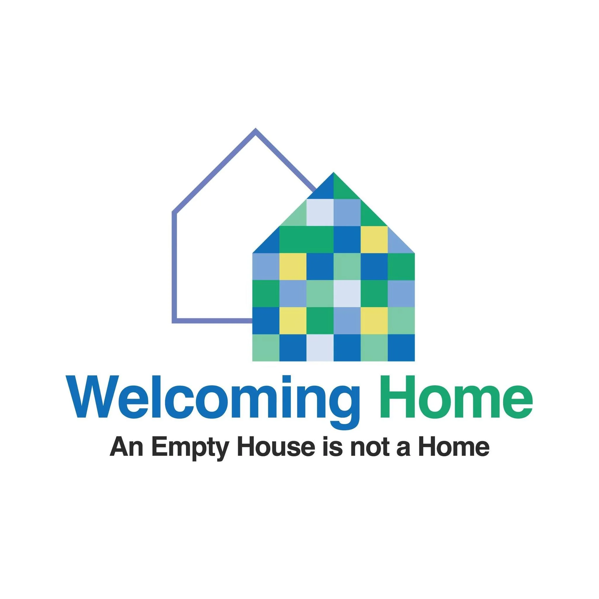 Graphic with the phrase 'Welcoming Home' and an illustration of a geometric house with a triangular roof, composed of colorful squares, and a blue outline of a house structure.