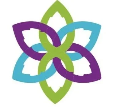 A colorful, symmetrical logo with overlapping petal-like shapes in green, purple, and blue, forming a floral pattern.