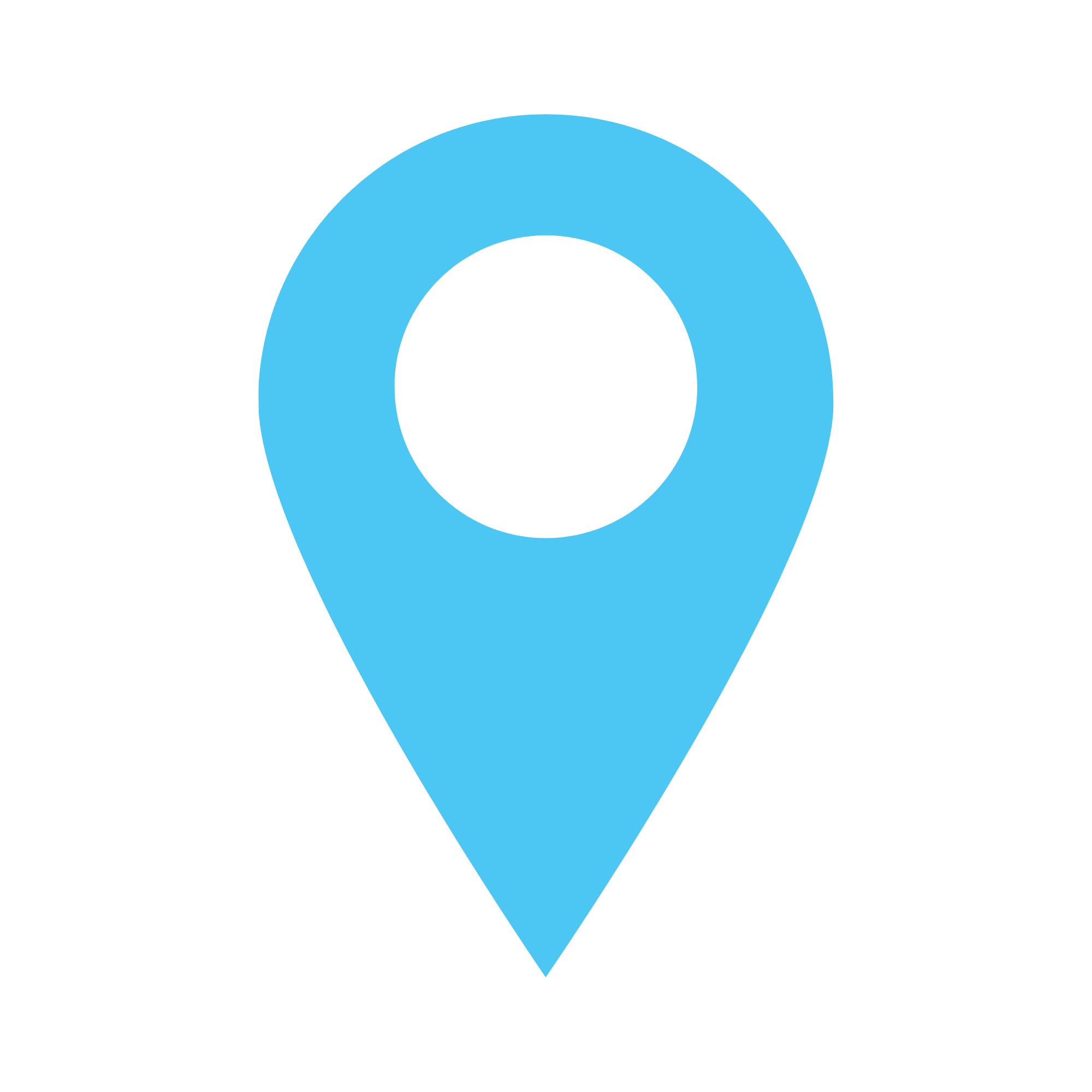 A blue map location pin icon on a white background.
