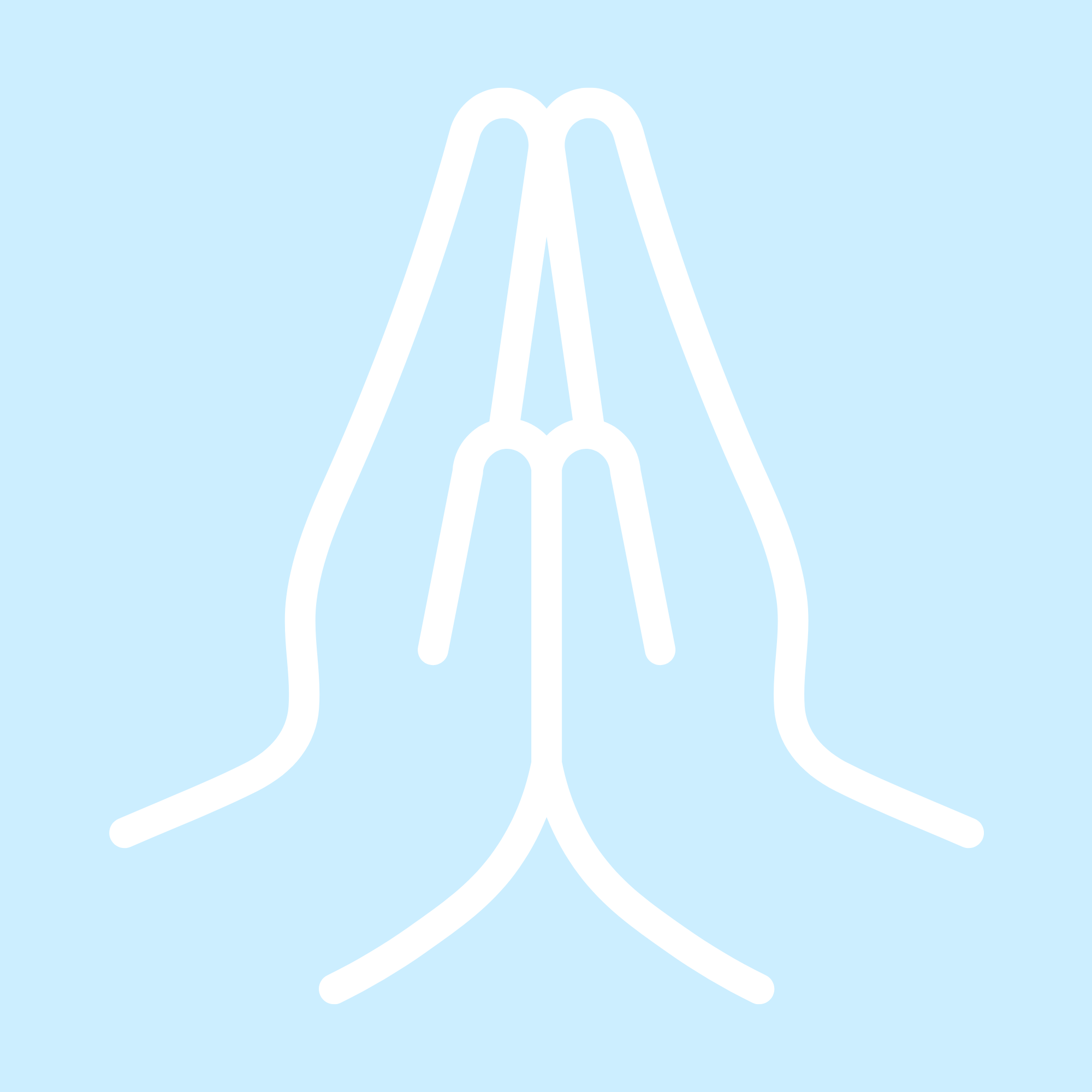 A neon sign of prayer hands on a blue background.