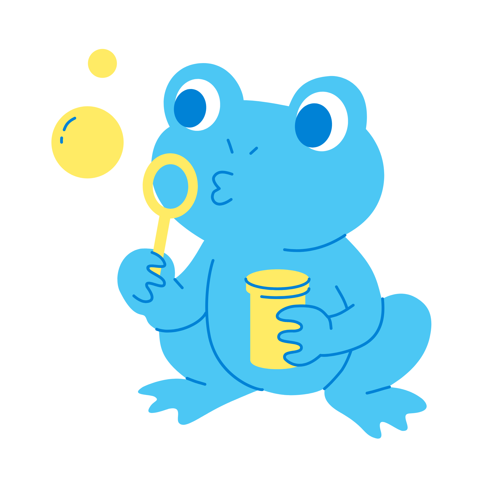 A cartoon illustration of a blue hippopotamus with large eyes, blowing yellow bubbles with a yellow wand and cup, sitting on the ground.