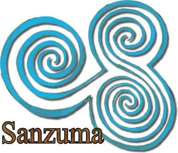 A stylized blue and white spiral design with the word 'Sanzuma' in brown at the bottom left.