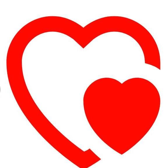 Two red hearts, one large outline and one solid, overlapping each other on a white background.