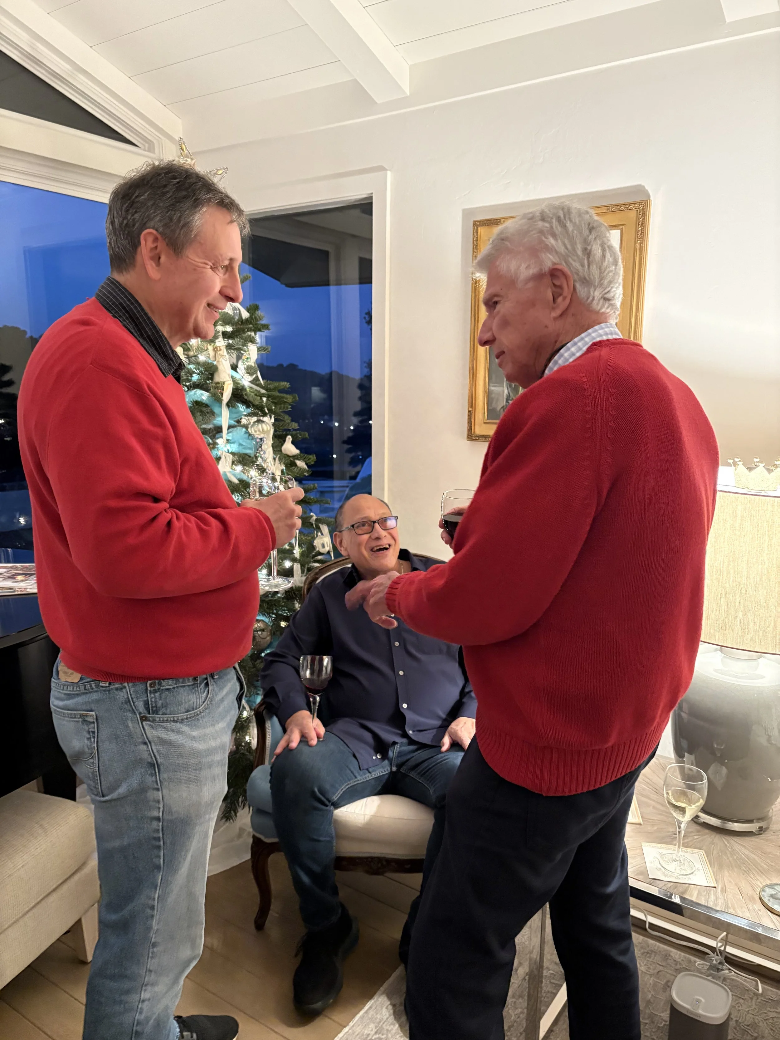 Three men and a woman are gathered in a living room, engaging in conversation and holding glasses of wine. A Christmas tree is visible in the background, indicating a festive setting.