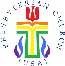 Logo of the Presbyterian Church (USA) featuring a stylized cross, open Bible, and a red flame.