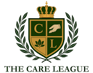 A logo for The Care League featuring a shield with a crown on top, surrounded by laurel leaves. The shield contains the initials 'C' and 'L', a hand symbol, and a leaf, with the words 'The Care League' below.