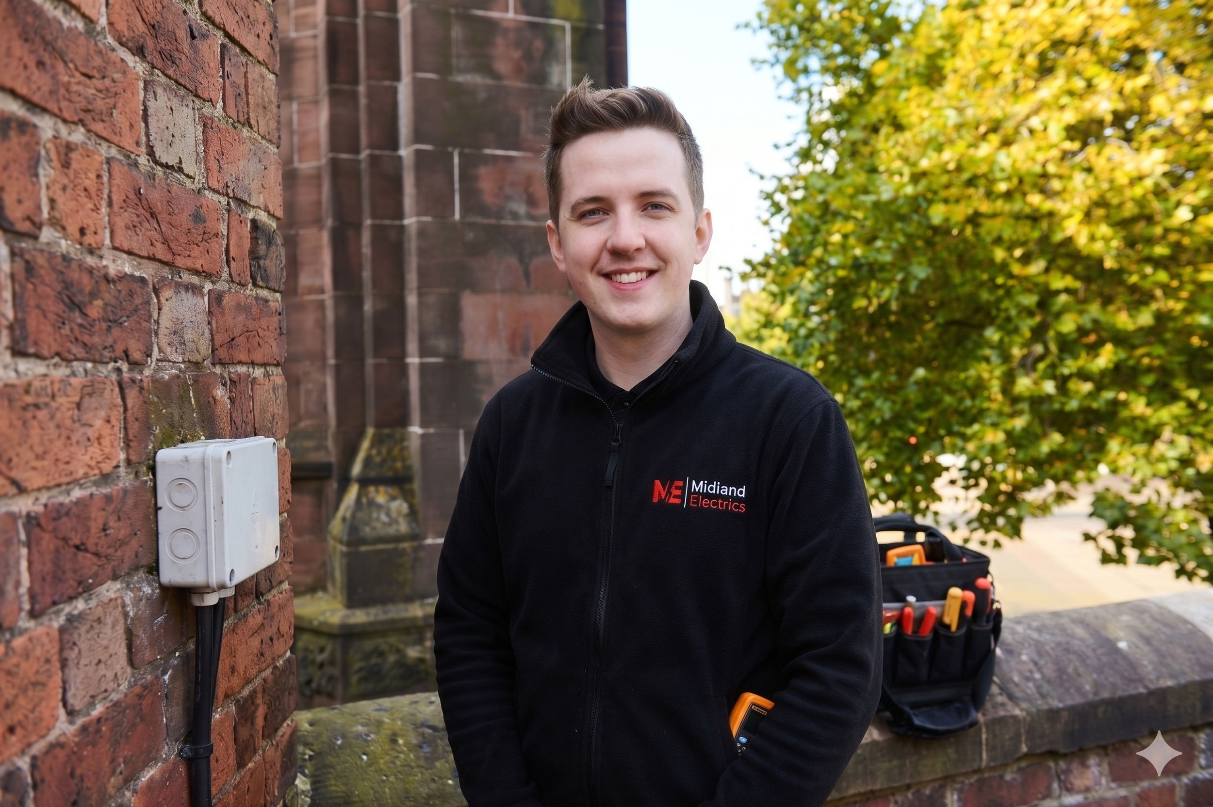 Midland Electrics electrician standing next to a fuse box in Wolverhampton.