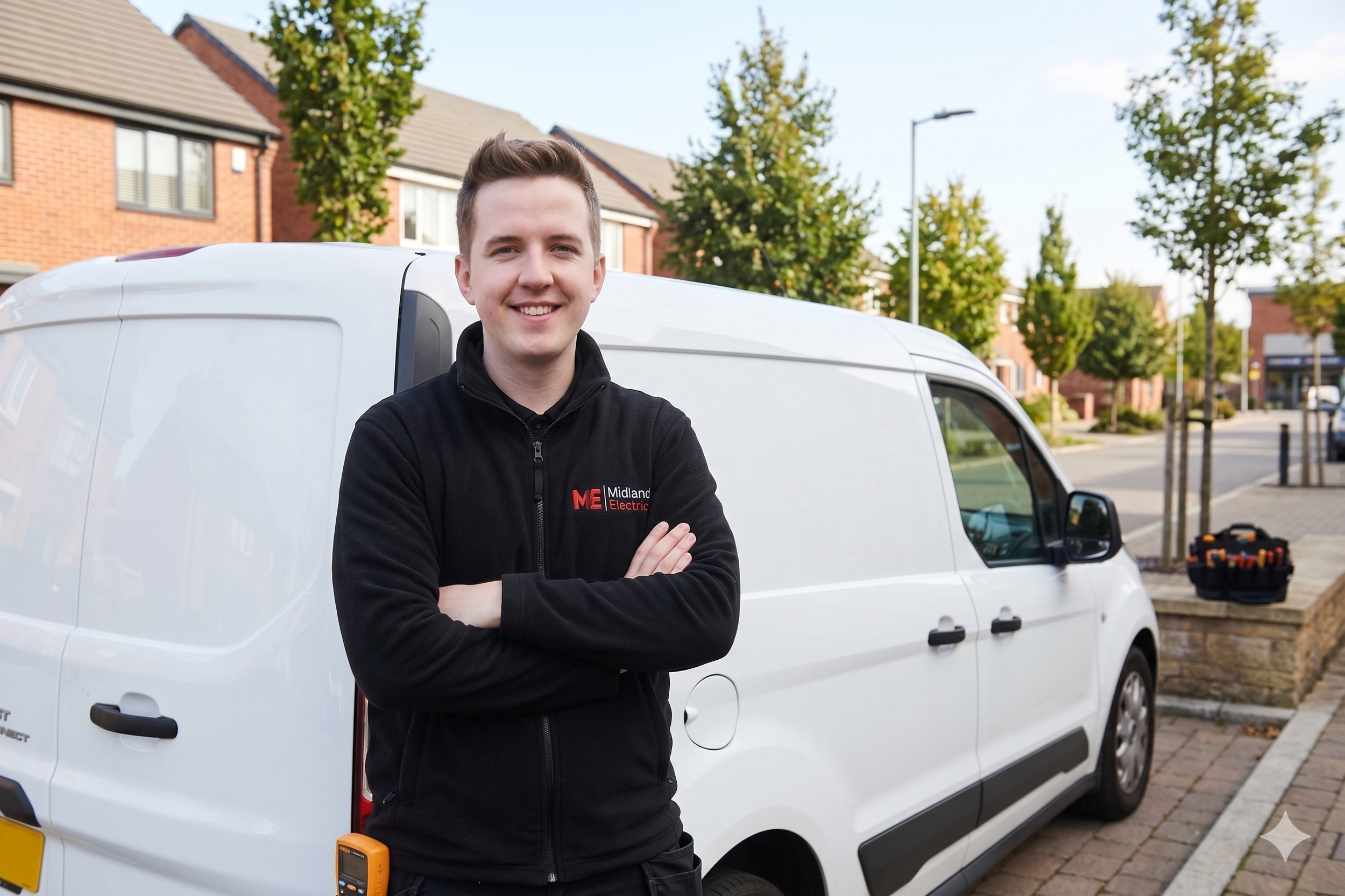 Midland Electrics electrician standing next to work van in Wolverhampton.