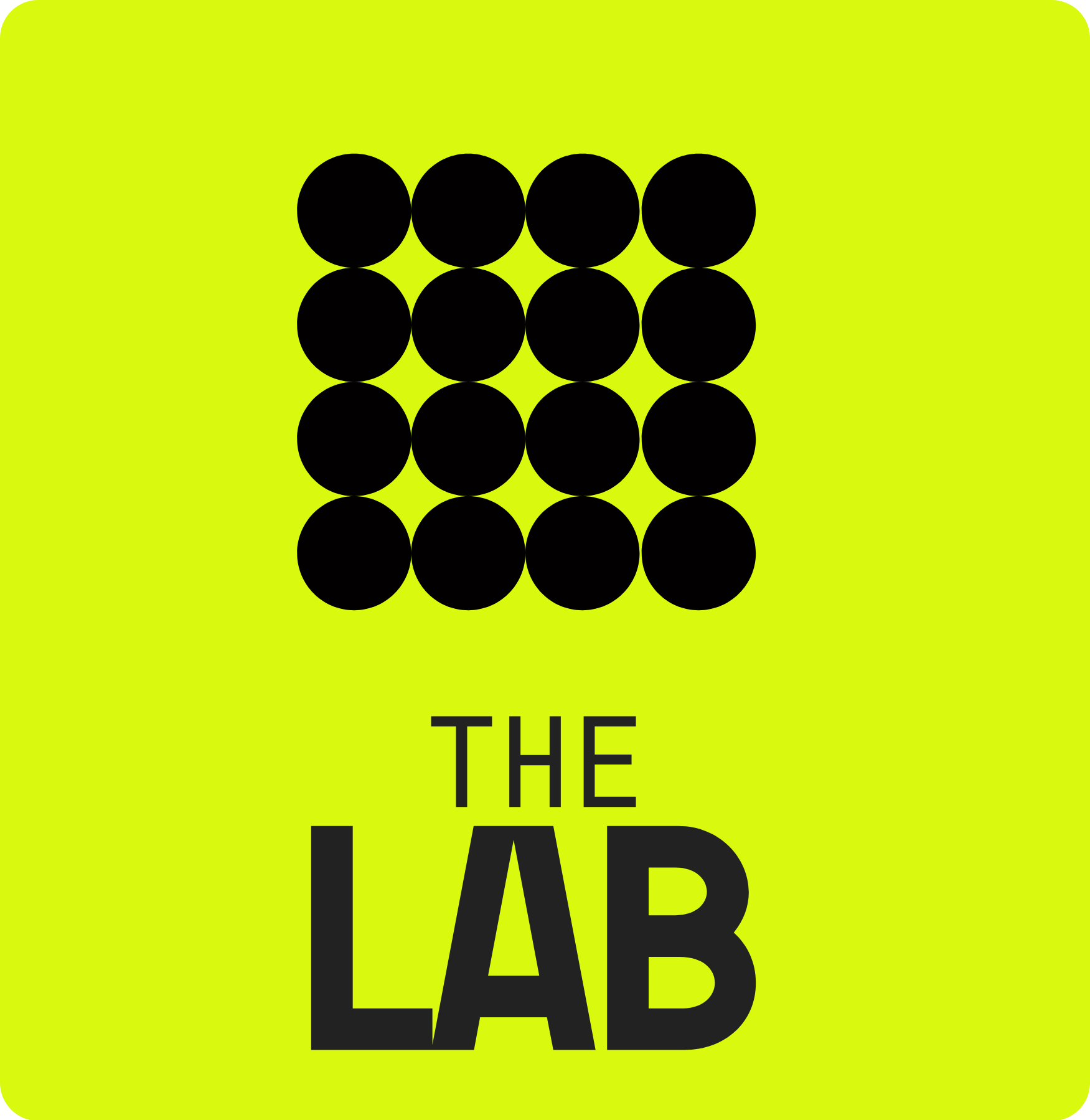 A logo with a green background, 15 black circles arranged in a 3x5 grid, and the text "THE LAB" below in black.