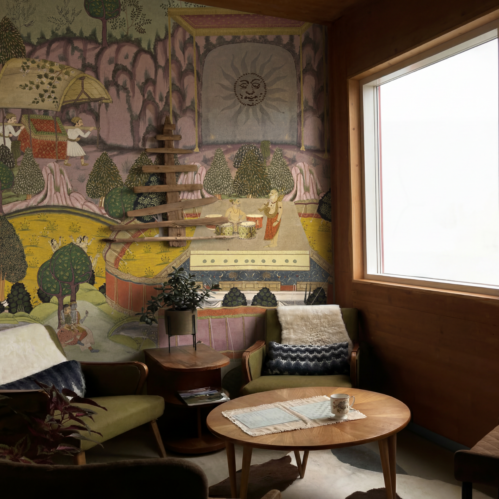 A cozy living room corner with a round wooden table, two green armchairs with pillows, and a small side table holding a plant. The wall behind features a colorful vintage-style mural depicting a scenic outdoor scene with trees, mountains, and people. Natural light enters through a large window on the right.