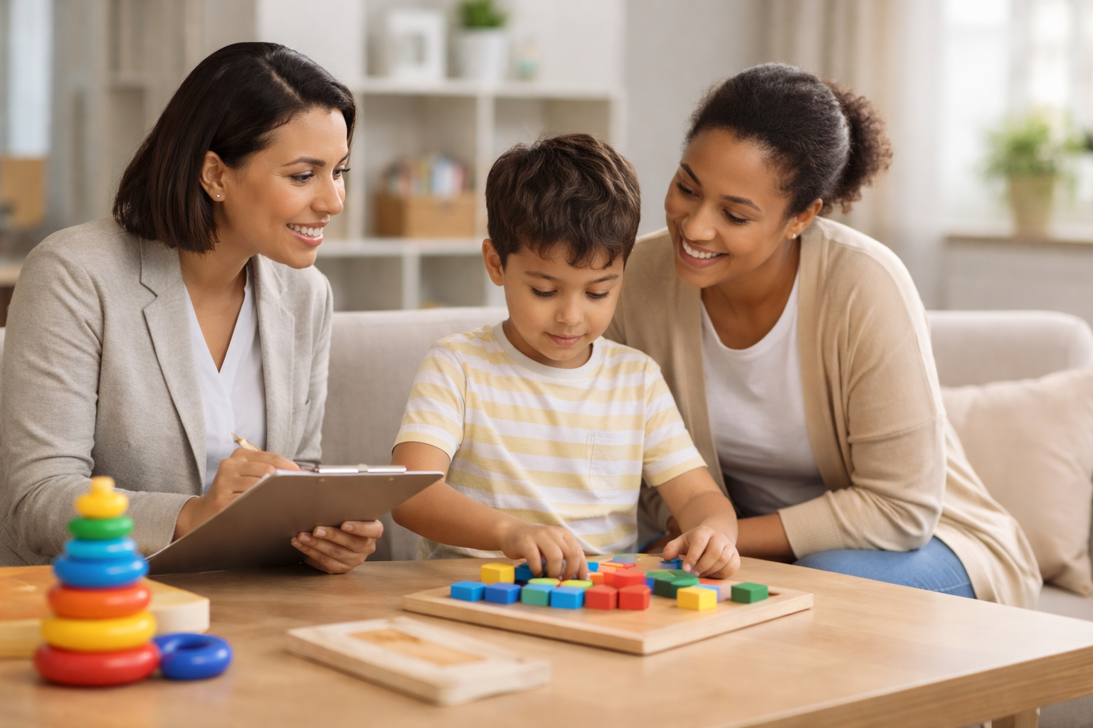 Niña jugando con bloques de colores mientras dos mujeres la observan y sonríen en un ambiente hogareño.