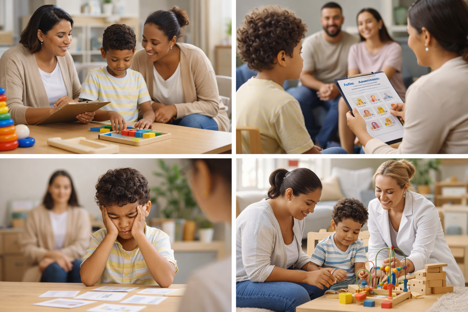 Imágenes que muestran diferentes sesiones de terapia o evaluación para niños con autismo, con profesionales y madres en ambientes de consulta y terapia, usando materiales y juegos terapéuticos.