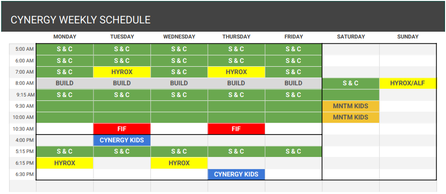 Weekly schedule chart showing classes and activities from Monday to Sunday, including times and color-coded sessions such as Strength & Conditioning, HYROX, First In Fitness for first responders, CYNERGY KIDS, MNTM KIDS, and body building sessions.