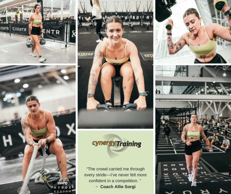 A collage of six photos showing a woman working out at a gym. She is lifting kettlebells, sitting and smiling, wearing a yellow sports bra and black shorts. She is also rowing and running on a treadmill. The gym has a modern, open design with various equipment. The collage includes a quote from Coach Allie Sorgi about confidence in competition.