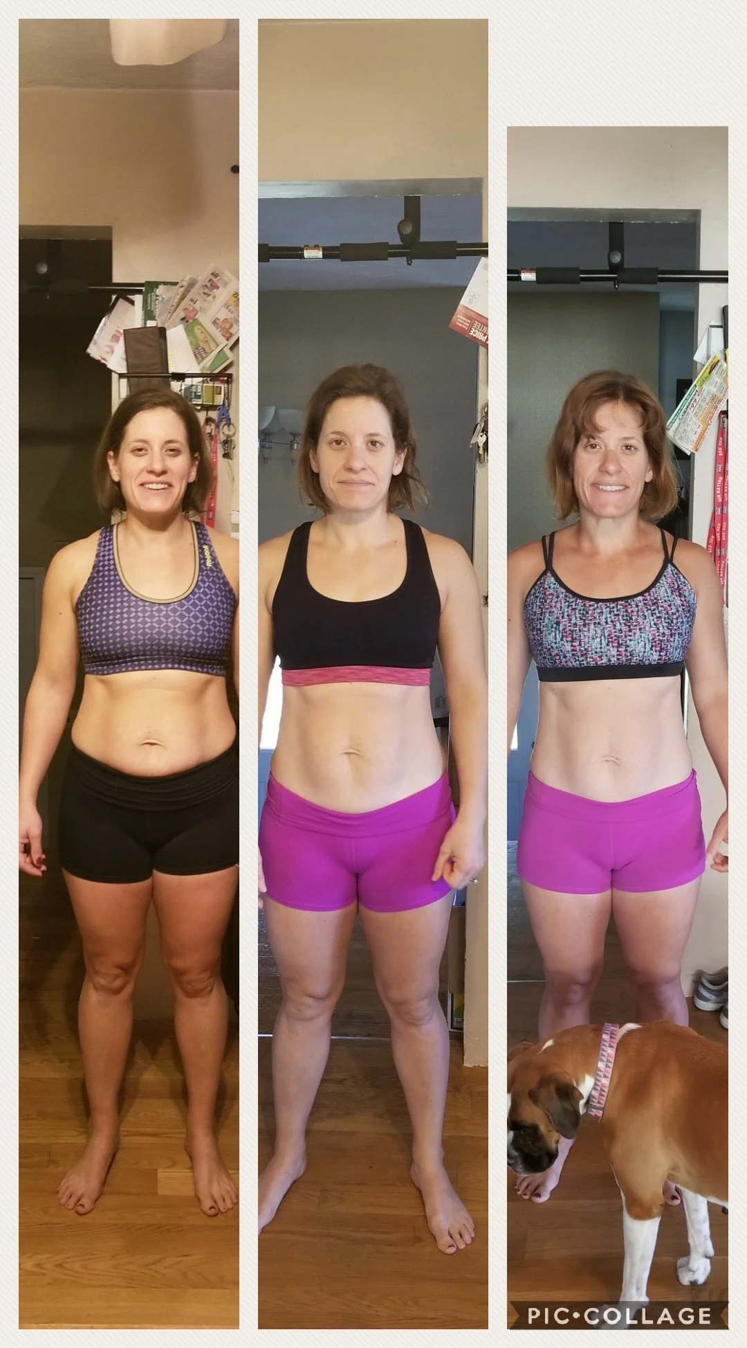 Progress photos of a woman before, during, and after a fitness transformation, showing improved muscle tone and weight loss.  Nutrition coaching and overall health improvement