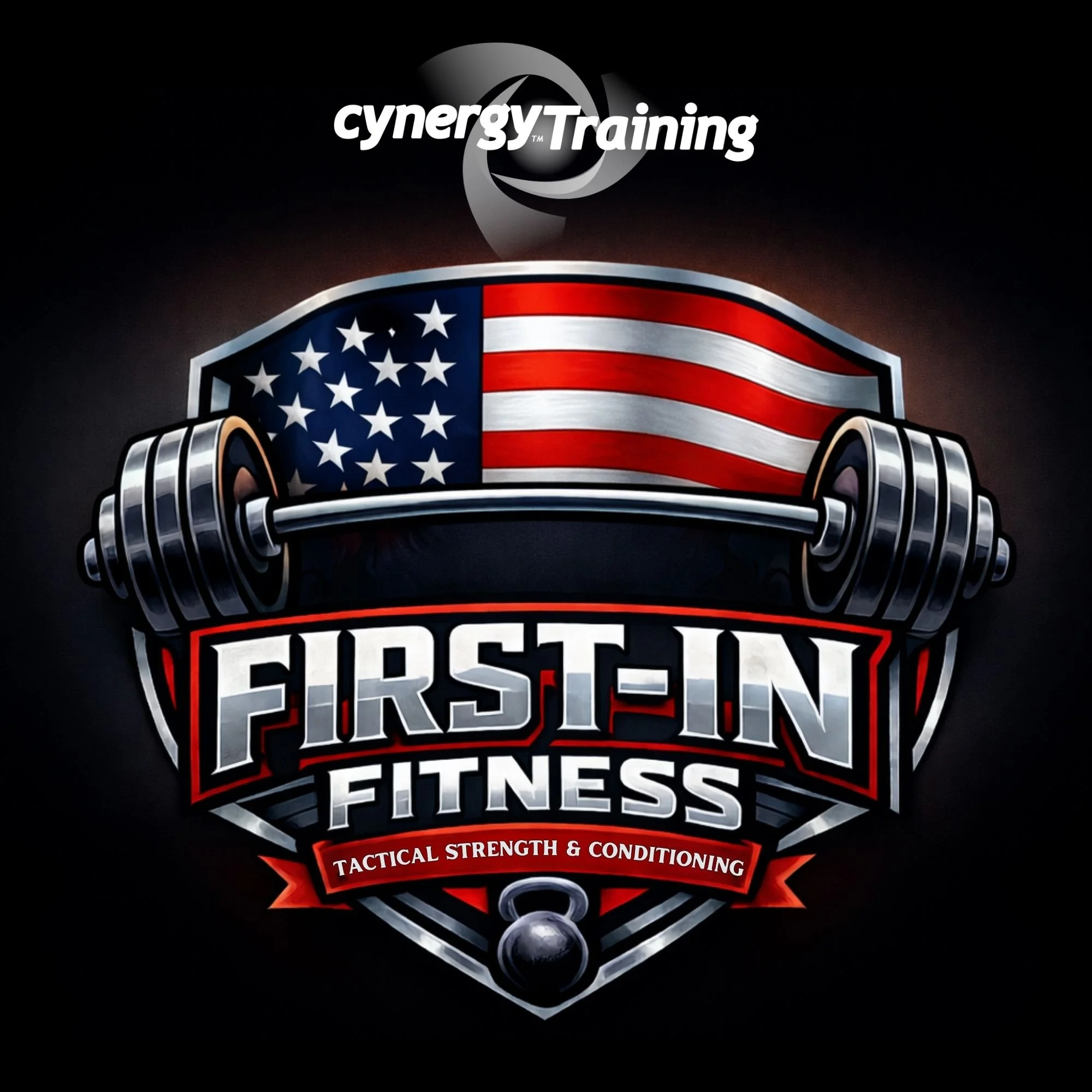 A logo for a fitness program, featuring an American flag-style shield with a barbell and weights, and text emphasizing tactical strength and conditioning.