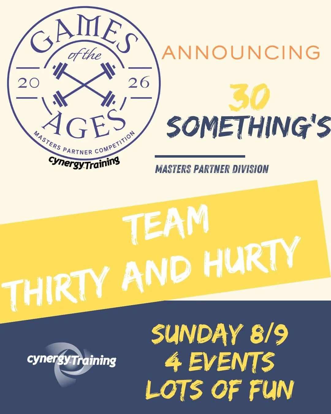 Welcome team Thirty and Hurty!
DEADLINE TO REGISTER AND GET A SHIRT IS 7/19!
https://www.cynergytraining.com/group-events