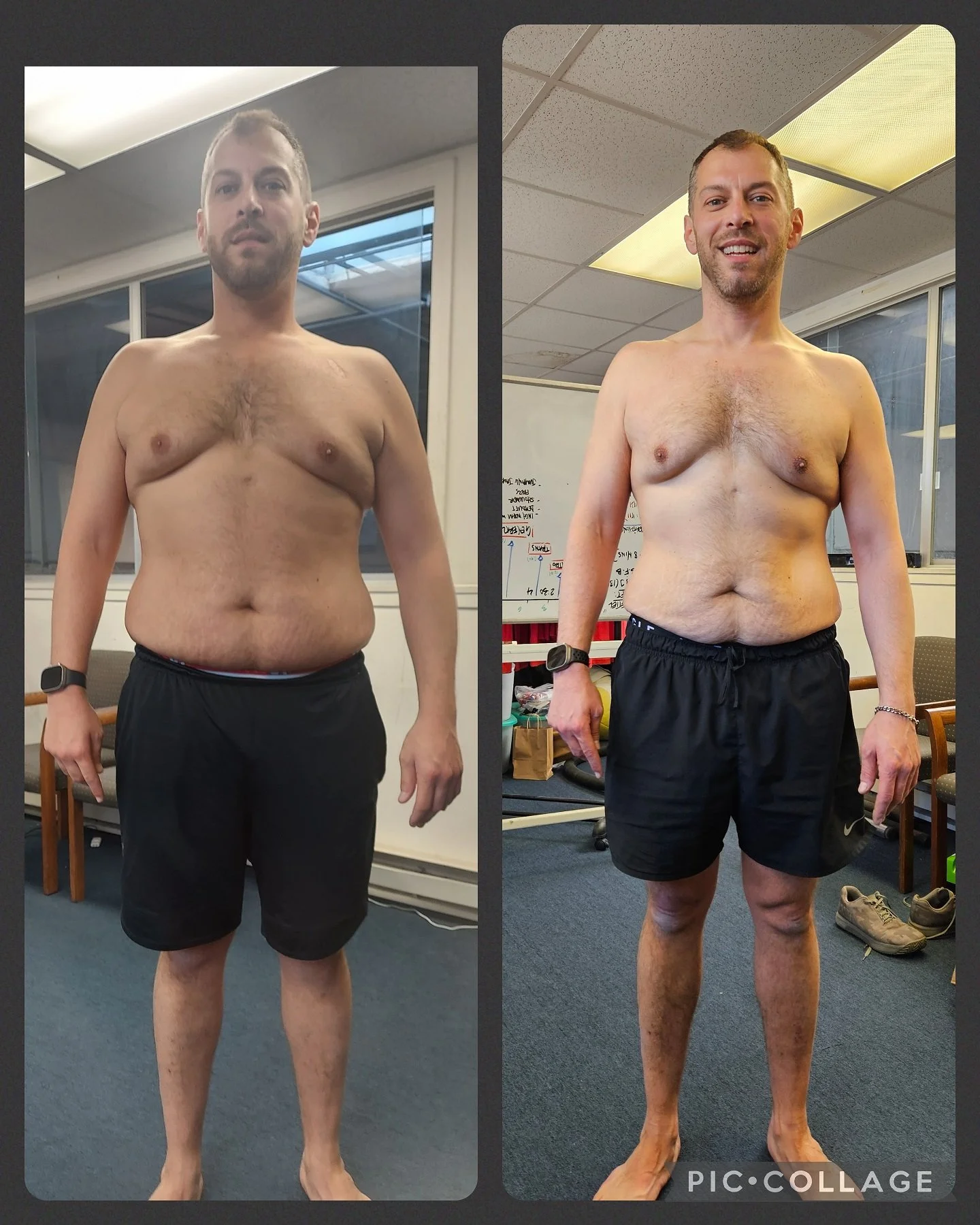 Side-by-side comparison of a shirtless man before and after a fitness transformation, standing in an office or gym setting, wearing black shorts, smiling in the after photo.  Nutrition coaching and overall health improvement