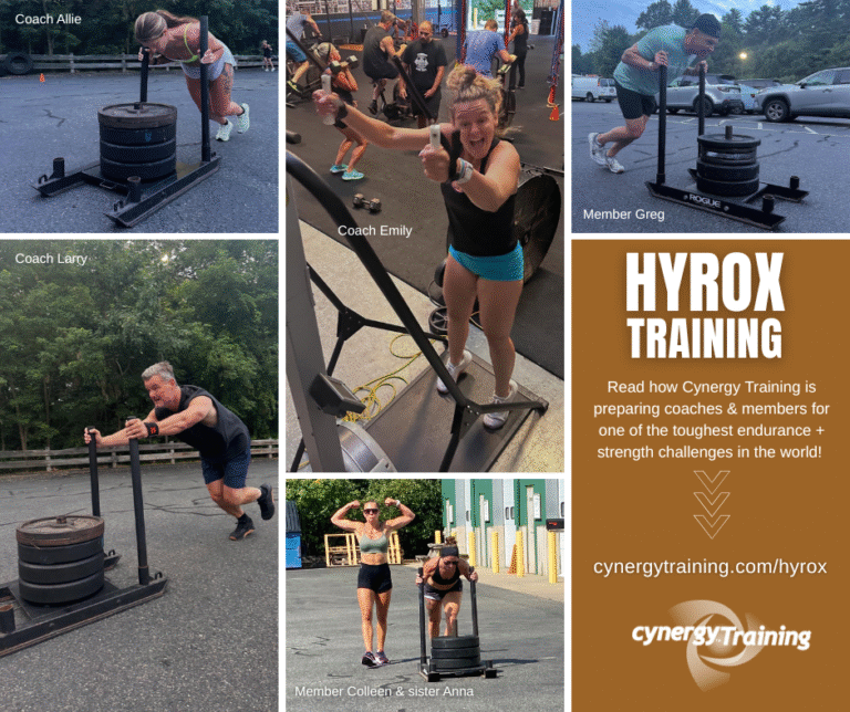 Group of people participating in outdoor and indoor strength training activities, including sled pushes and tire flips, with coaches and members demonstrating exercises, and a promotional sign for Hyrox Training by Cynergy Training.