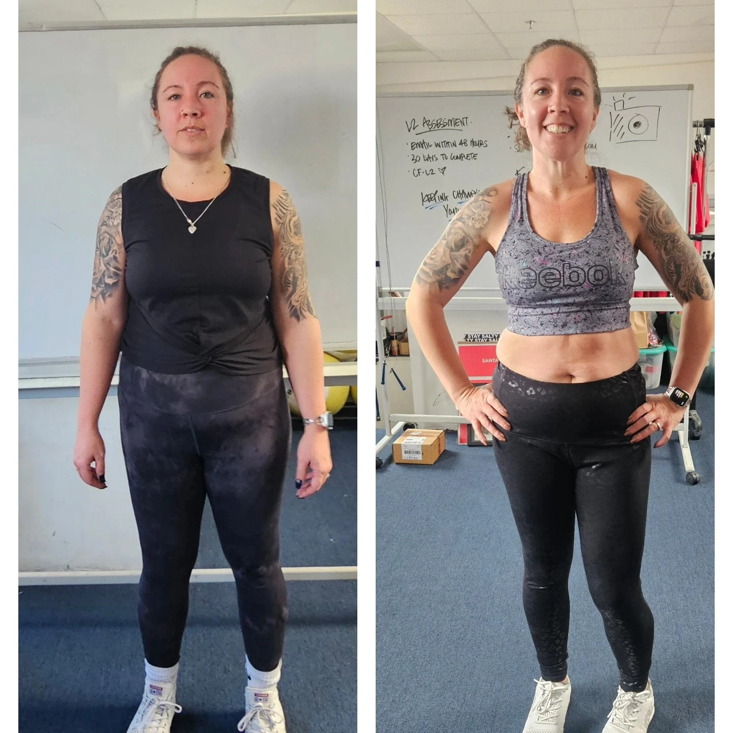 Side-by-side comparison of a woman before and after fitness transformation, wearing workout clothes in a gym setting.  Nutrition coaching and overall health improvement
