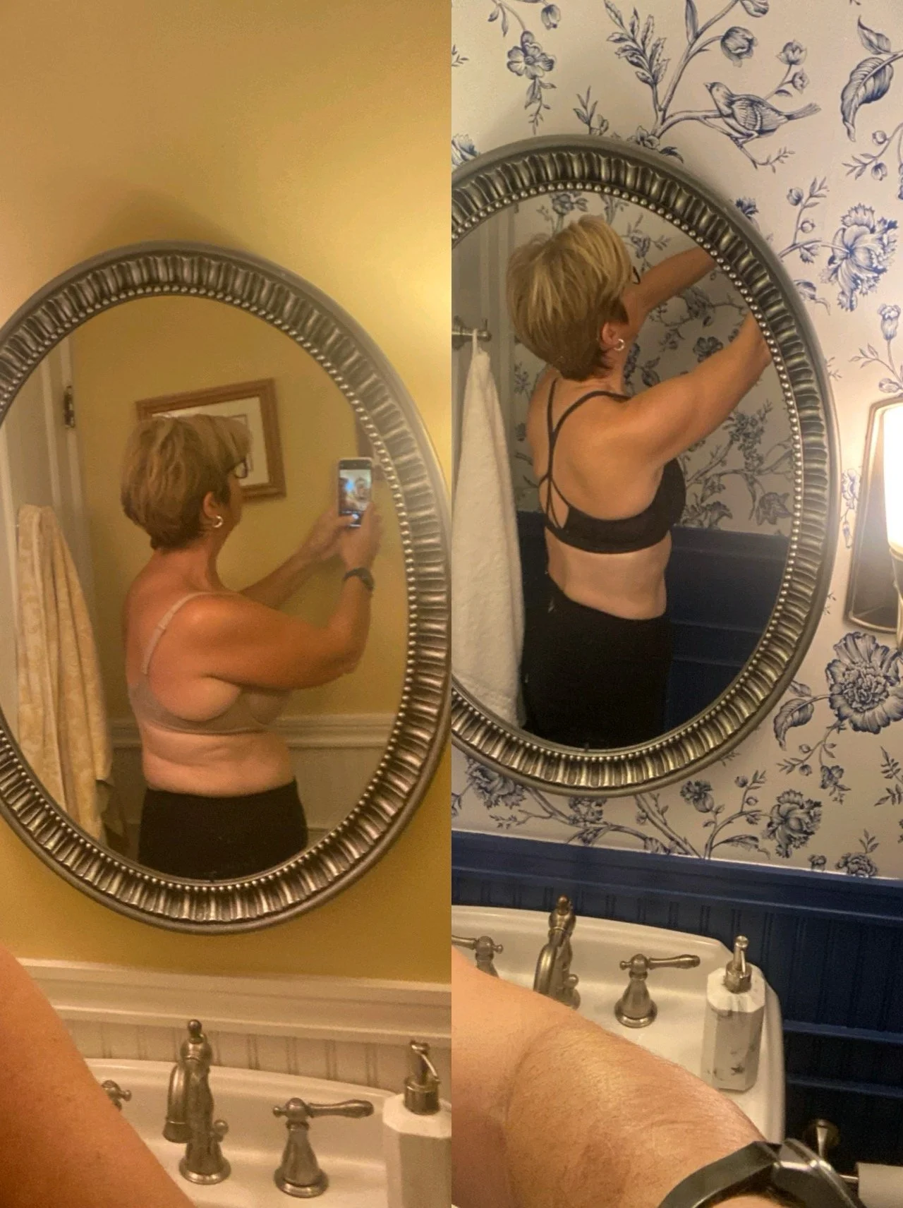 A side-by-side comparison of two mirrors in different rooms showing a woman taking a selfie. The left room has yellow walls, while the right room has blue floral wallpaper. The woman has short blonde hair, wears glasses, and is dressed in a black sports bra and black pants.