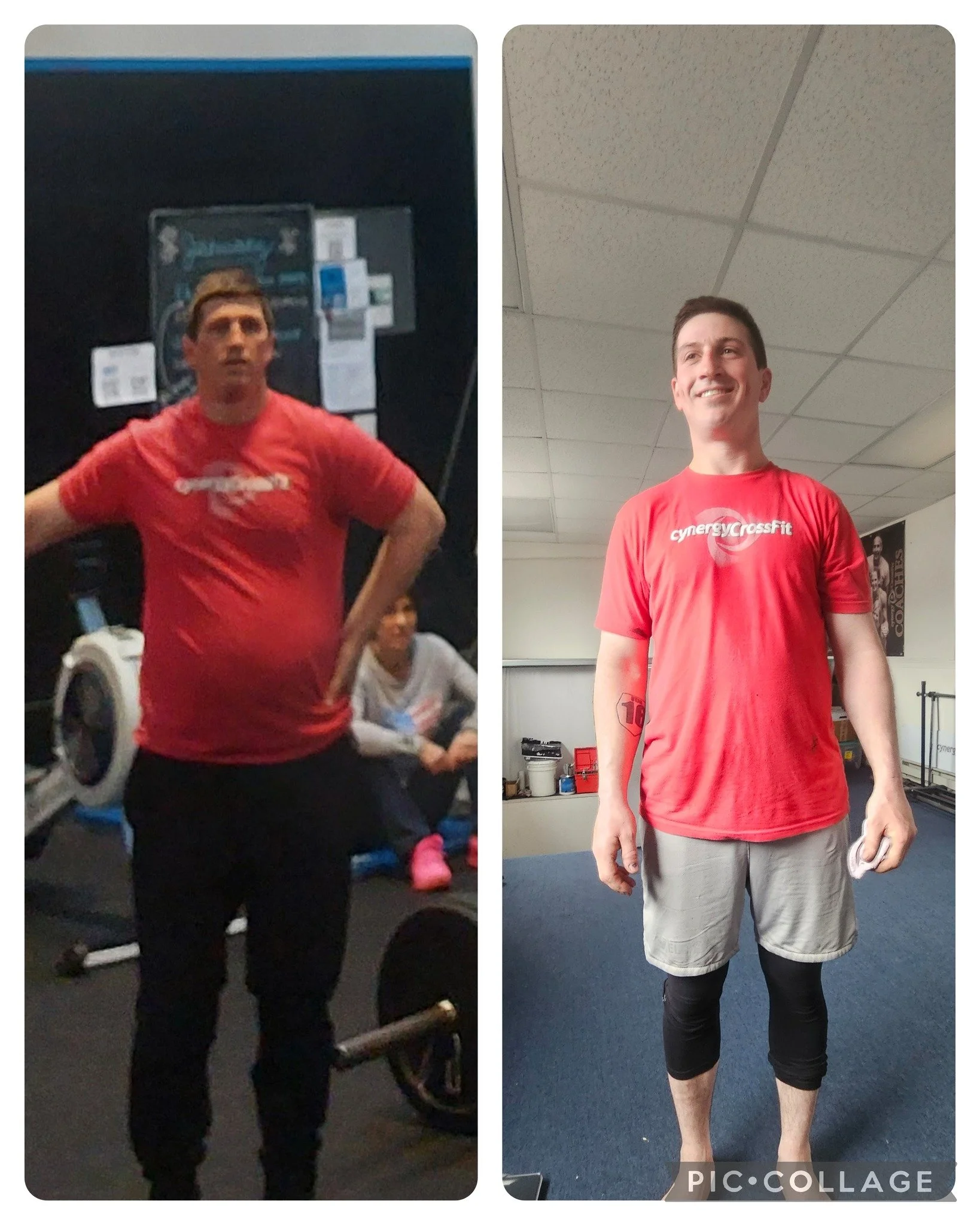 Side-by-side comparison of a man before and after fitness transformation. In the 'before' photo, he appears heavier, wearing a red shirt, with arms akimbo, standing in a gym. In the 'after' photo, he is leaner, smiling, wearing a red shirt with 'cynergyCrossFit' logo, and shorts, standing in a gym with a ceiling grid and gym equipment.